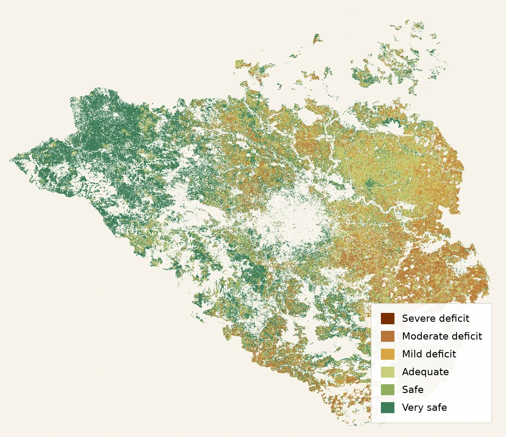 Weekly water-adequacy map from severe deficit to very safe
